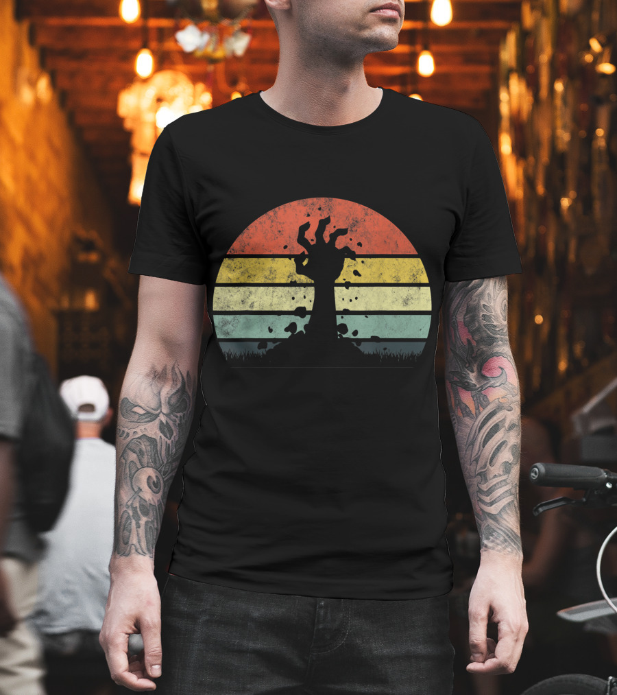 Vintage Retro Scary Zombie Hand Rising in Striped Sunset Background T-Shirt
