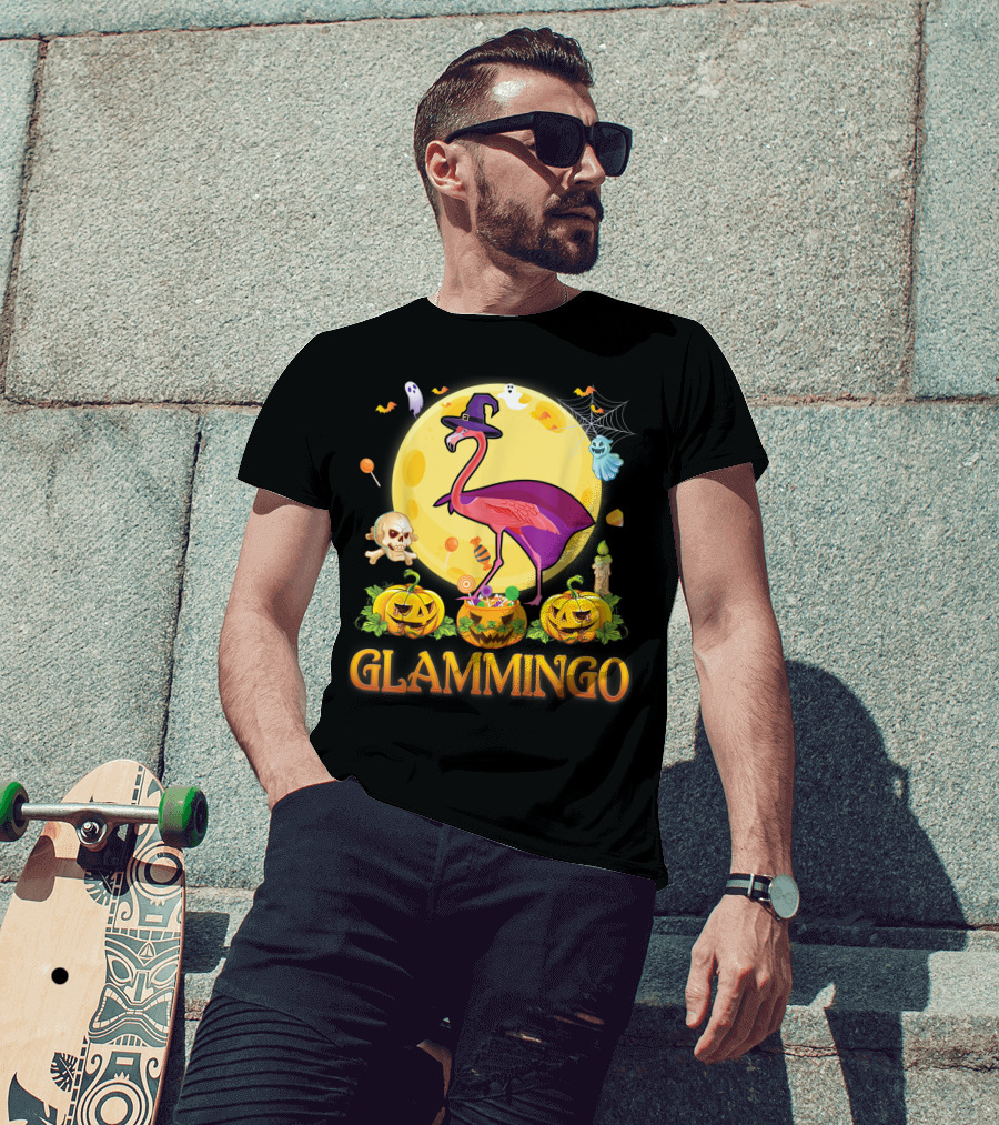 Glammingo Witch Flamingo Halloween Pumpkin Moon Ghosts Skulls Candy T-Shirt