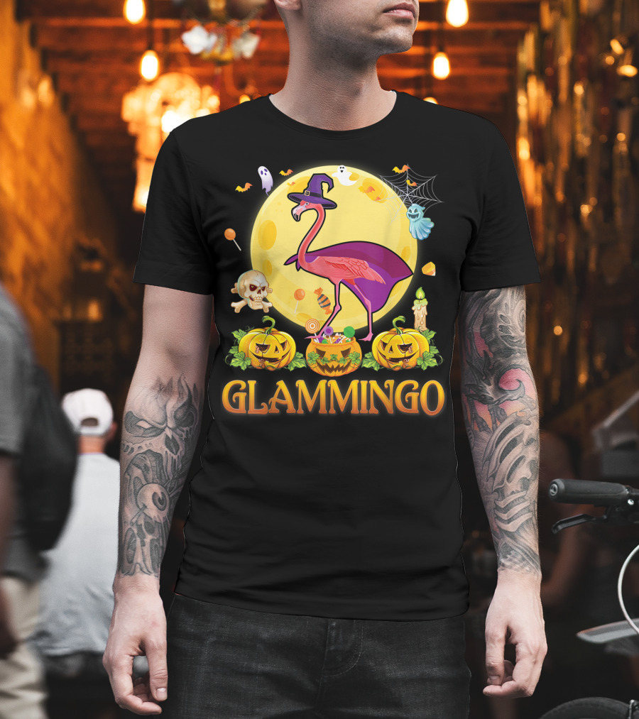 Glammingo Witch Flamingo Halloween Pumpkin Moon Ghosts Skulls Candy T-Shirt