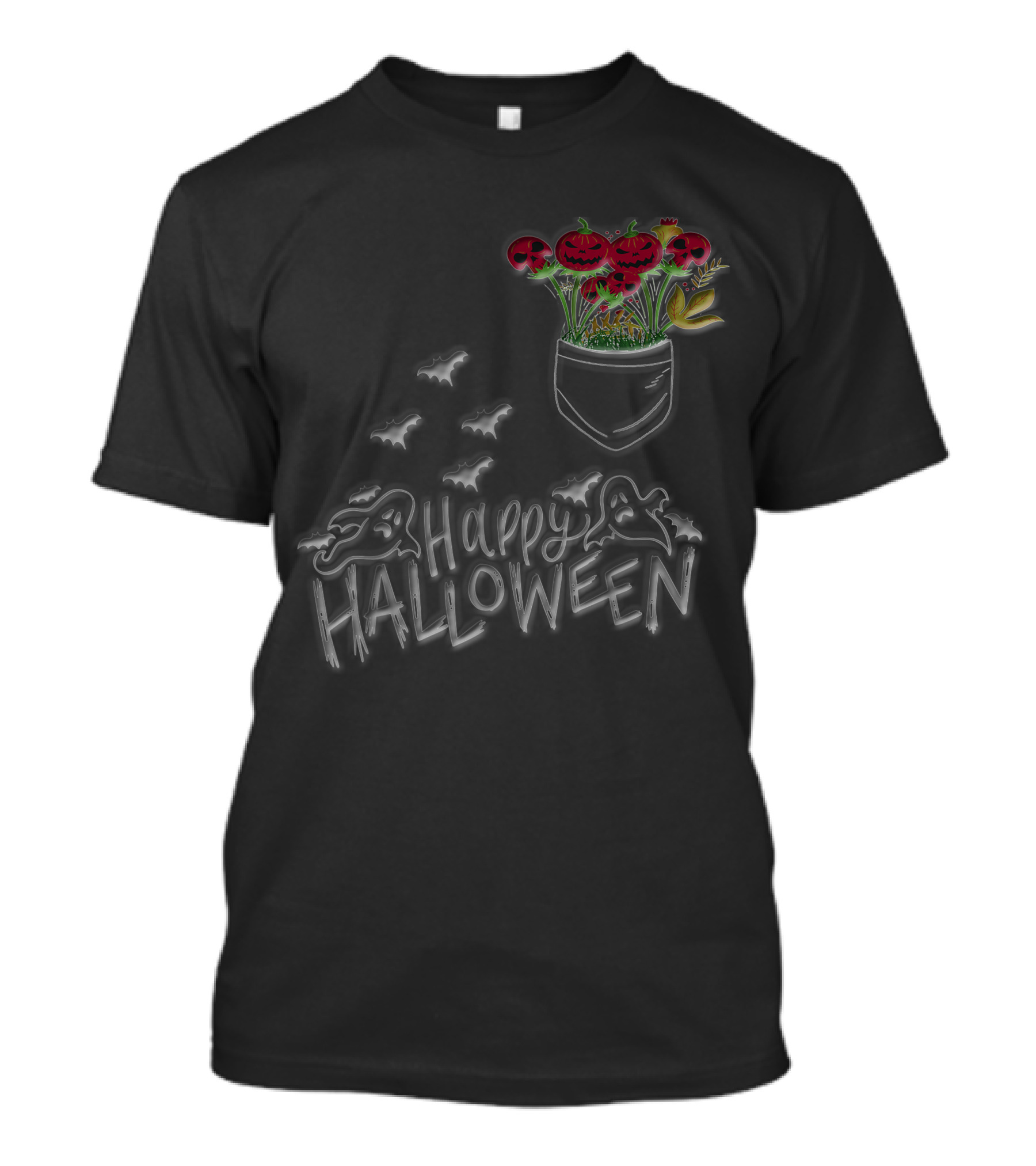 Happy Halloween Spooky Ghost Bat Pumpkin Flower Pocket T-Shirt