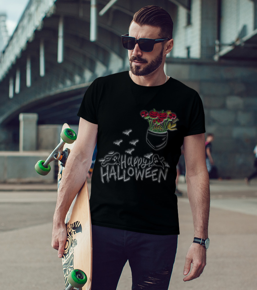 Happy Halloween Spooky Ghost Bat Pumpkin Flower Pocket T-Shirt