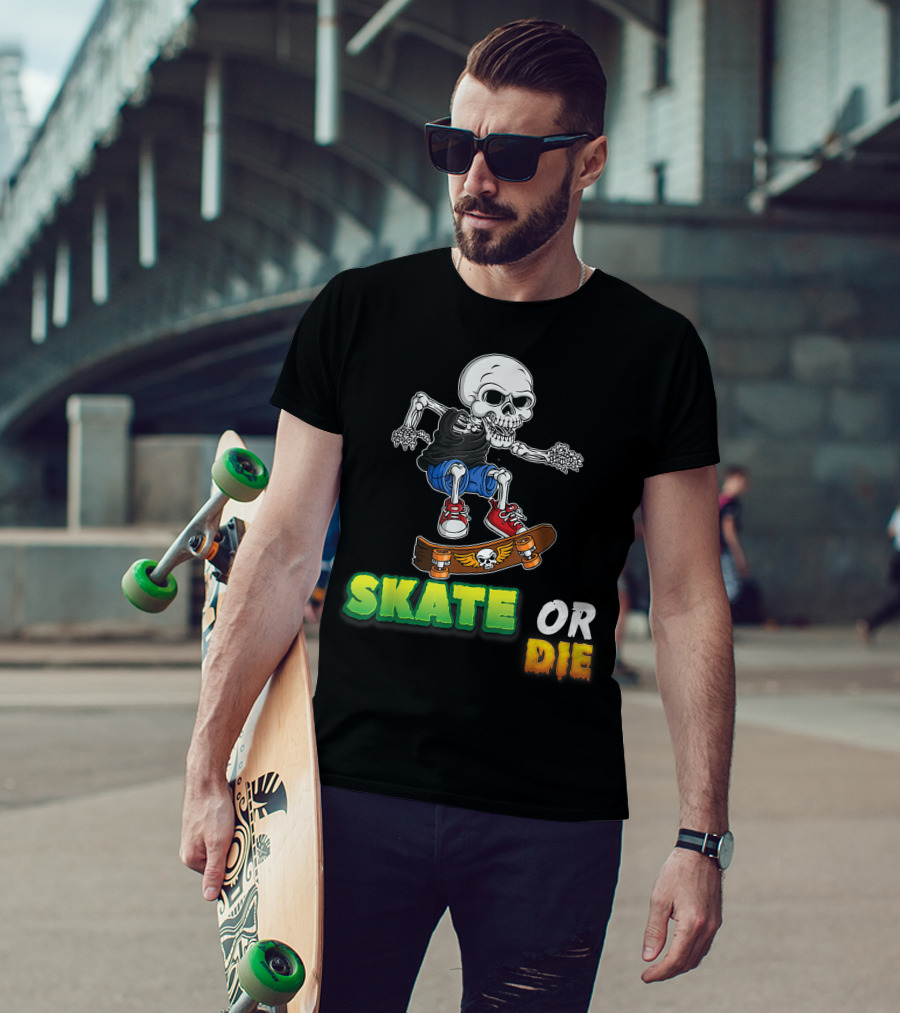 Skate Or Die Skeleton Skating Skull On Skateboard T-Shirt