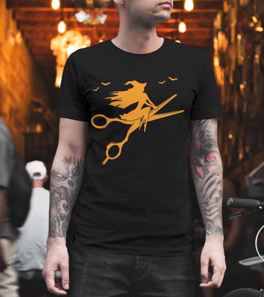 Witch on Scissors Broom with Bats Hair Stylist T-Shirt