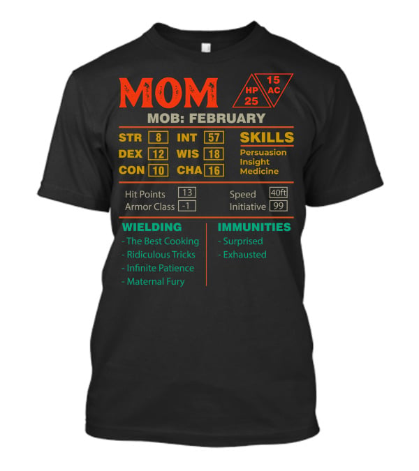 MOM Stats Character Sheet February STR INT DEX WIS CON CHA Skills Persuasion Insight Medicine Hit Points Armor Class Speed Initiative Wielding Immunities HP AC T-Shirt