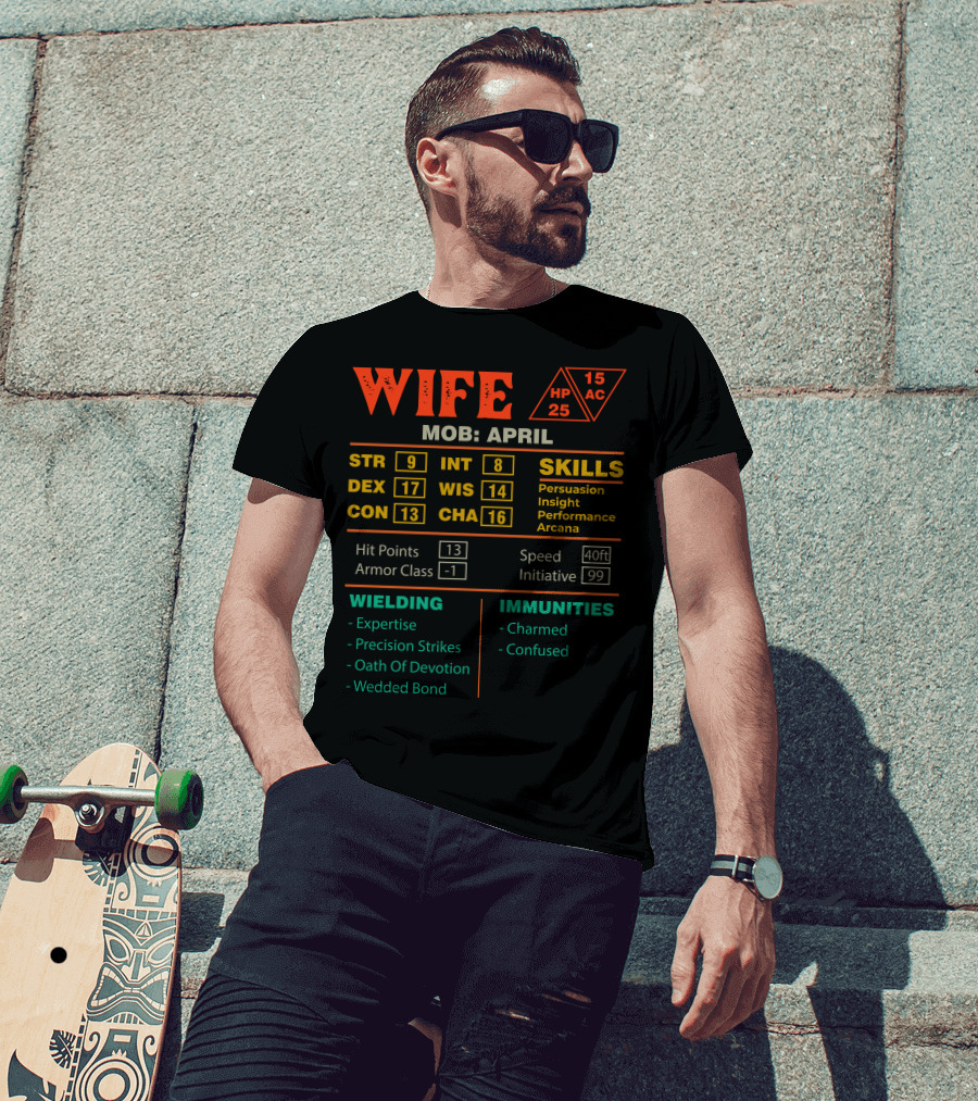 Wife Character Sheet April Mob Stats Skills Hit Points Armor Class Wielding Immunities T-Shirt
