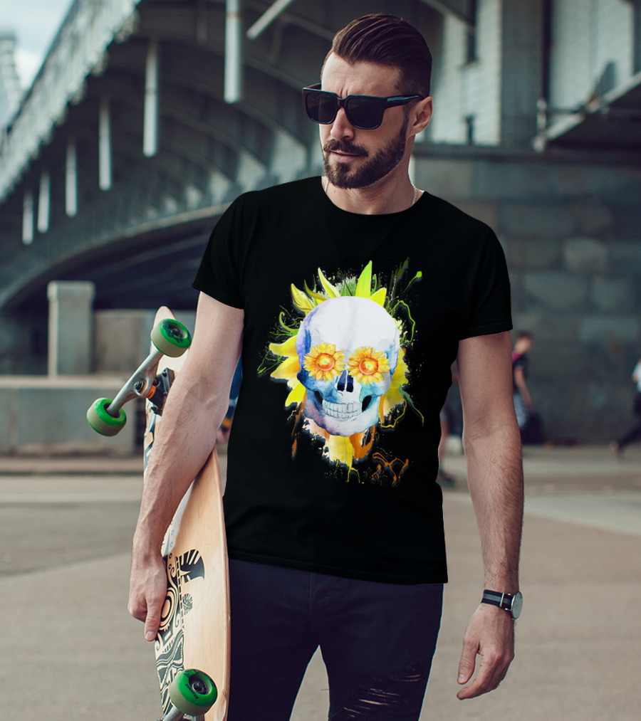 Dia De Los Muertos Halloween Sunflower Skull With Colorful Explosion Background T-Shirt