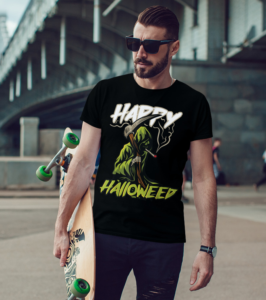 Happy Halloweed Grim Reaper Smoking Weed Cannabis T-Shirt