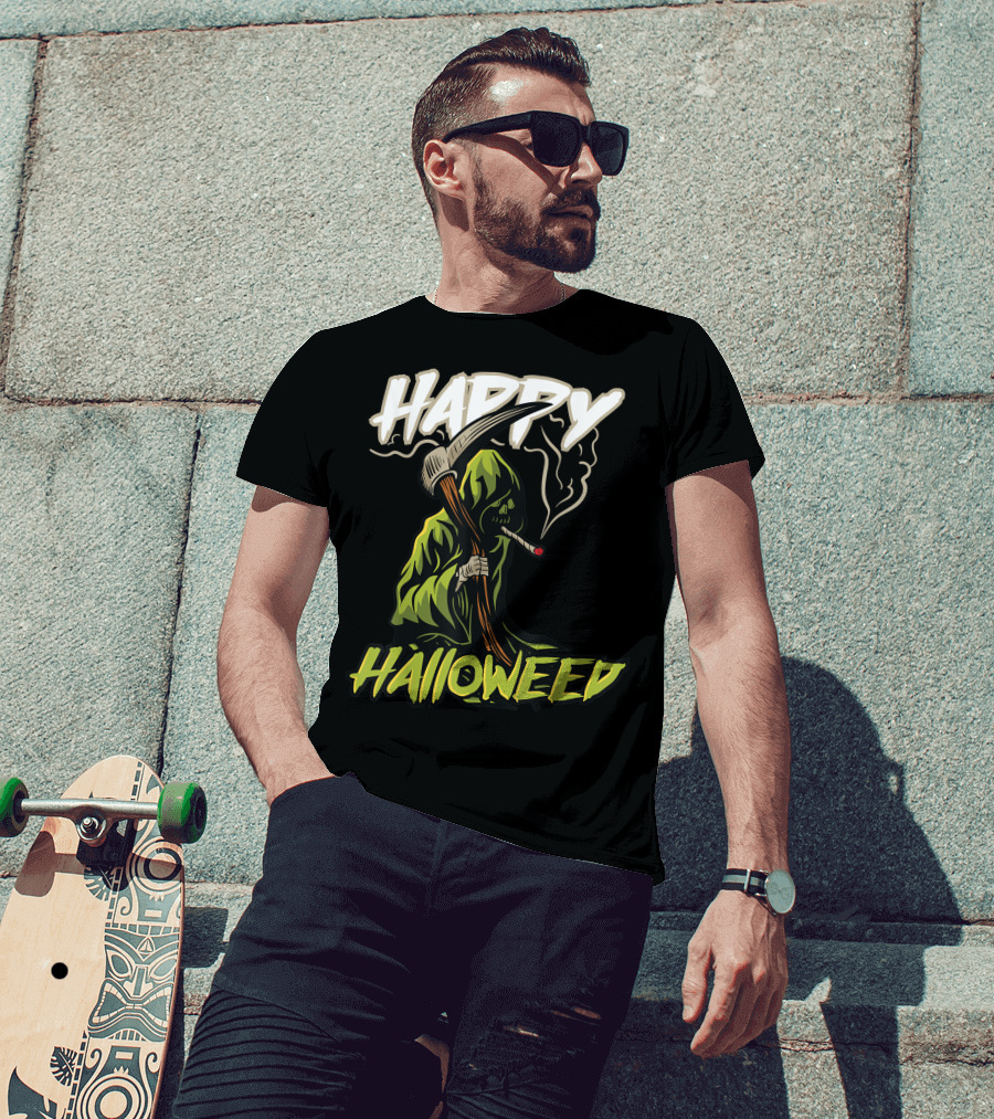 Happy Halloweed Grim Reaper Smoking Weed Cannabis T-Shirt