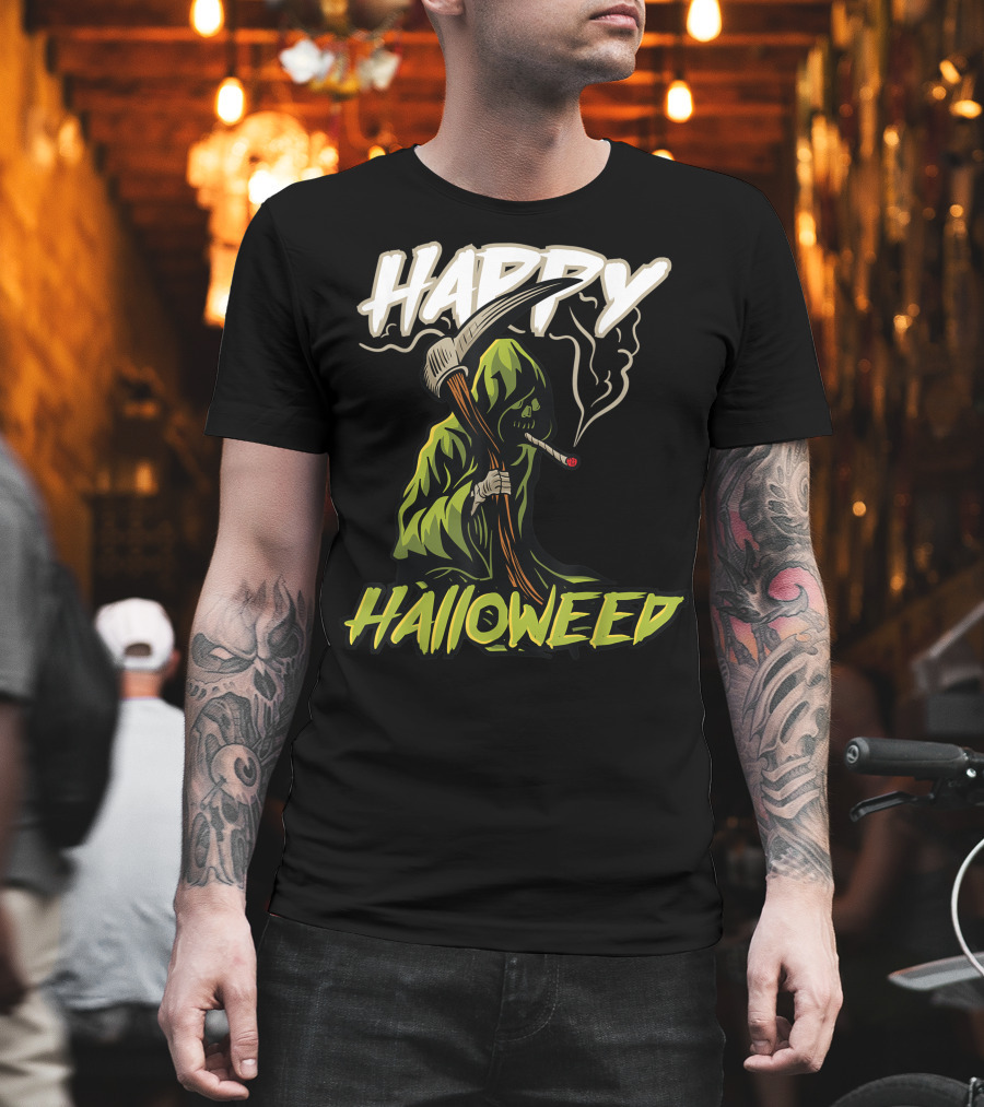 Happy Halloweed Grim Reaper Smoking Weed Cannabis T-Shirt