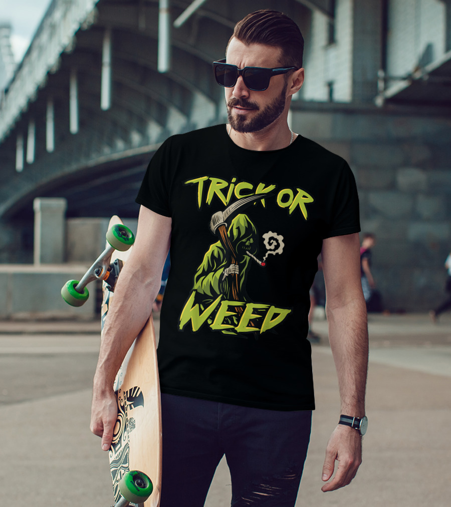 Trick Or Weed Grim Reaper Smoking Cannabis Joint T-Shirt