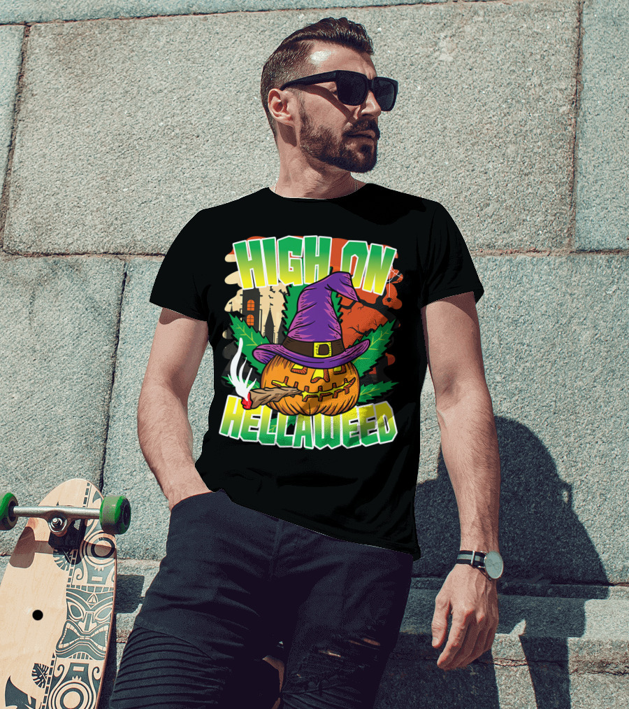 High On Hellaweed Pumpkin Smoking Weed THC Halloween Stoner T-Shirt