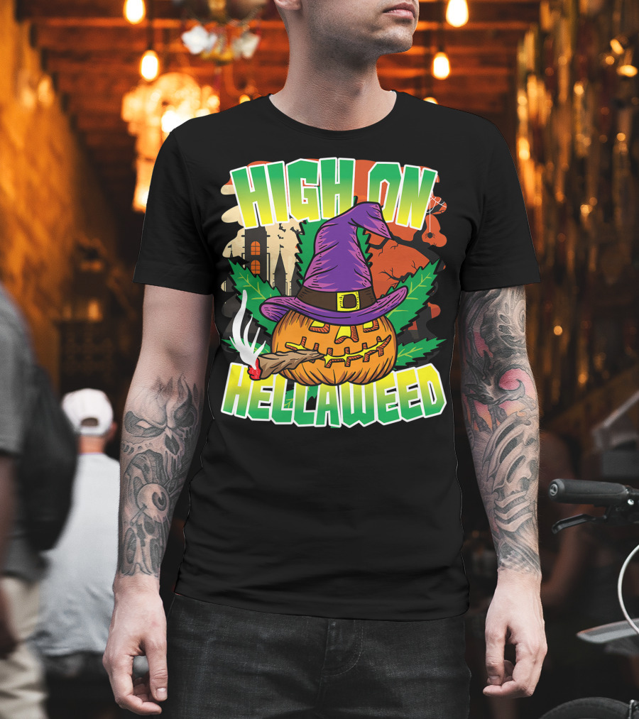 High On Hellaweed Pumpkin Smoking Weed THC Halloween Stoner T-Shirt