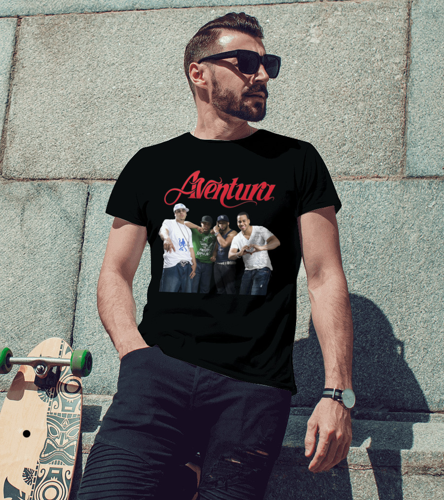 Aventura Band Red Script Logo Casual Group Photo T-Shirt