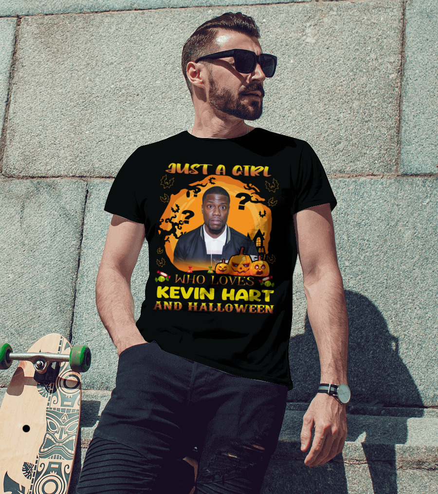 Just A Girl Who Loves Kevin Hart With Halloween Pumpkins And Bats T-Shirt