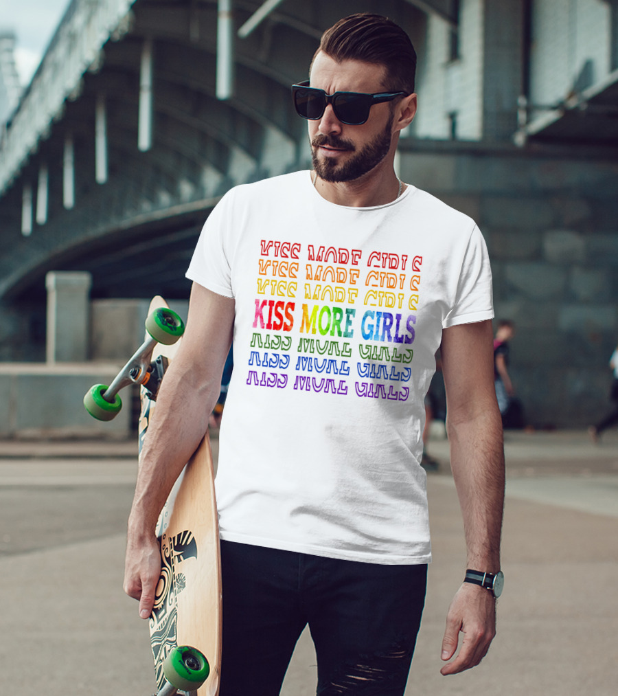 Kiss More Girls Rainbow Pride Repeated Text T-Shirt