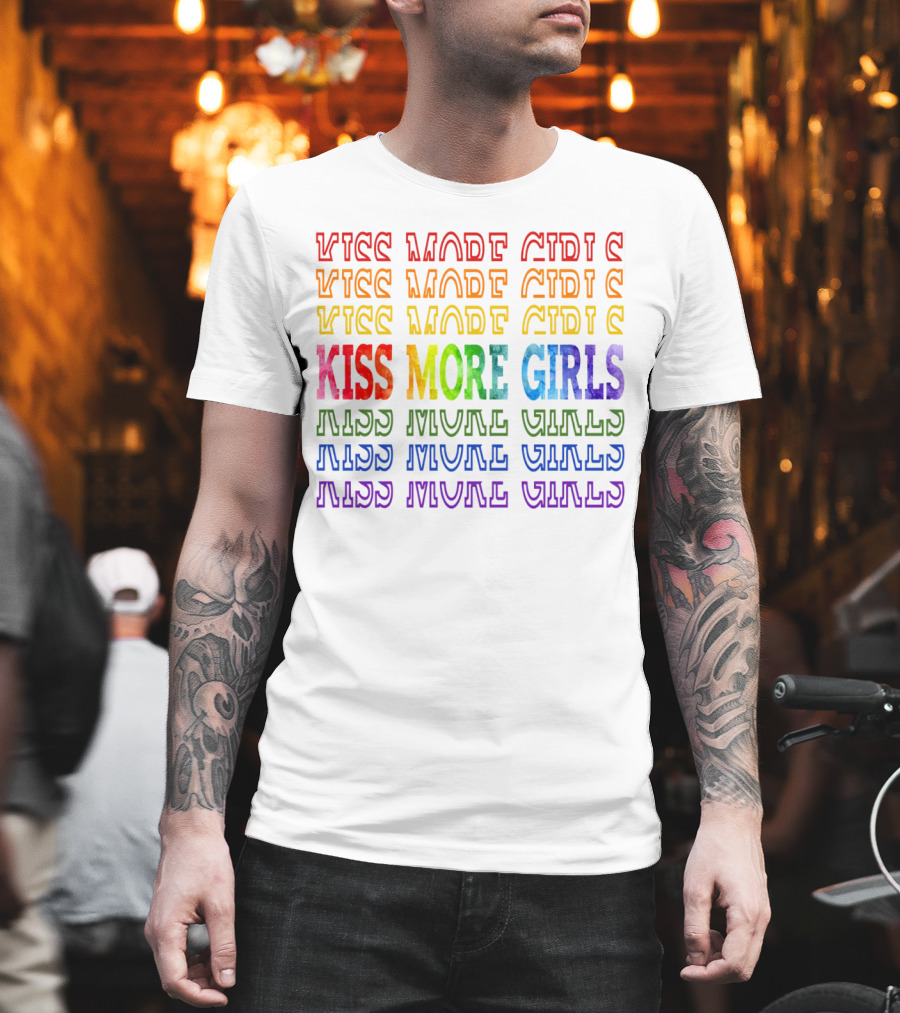 Kiss More Girls Rainbow Pride Repeated Text T-Shirt