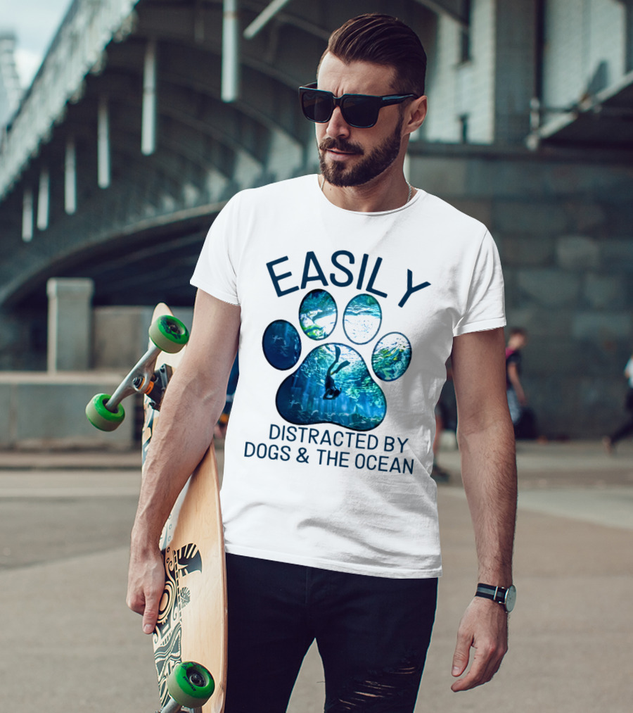 Easily Distracted By Dogs And The Ocean With Aquarium Pawprint T-Shirt