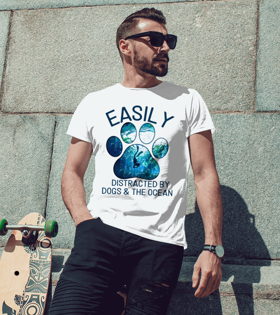 Easily Distracted By Dogs And The Ocean With Aquarium Pawprint T-Shirt