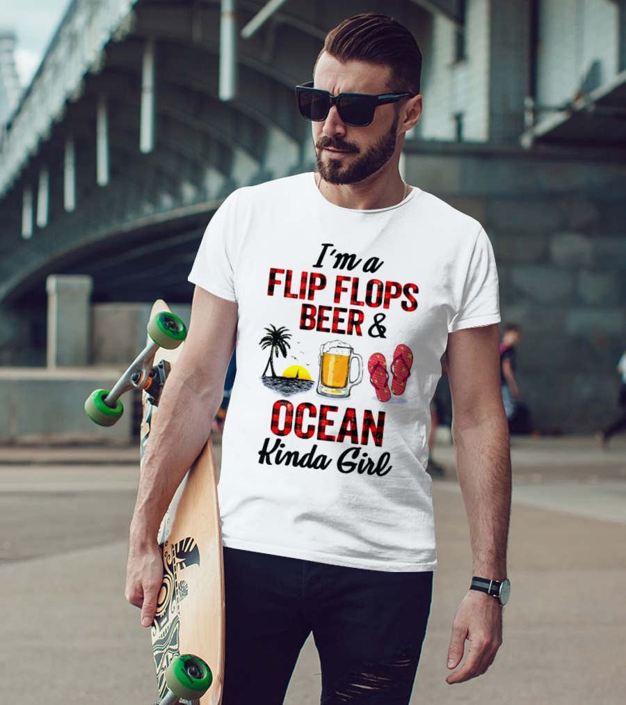 I'm A Flip Flops Beer Ocean Kinda Girl Palm Tree Sunset Red T-Shirt