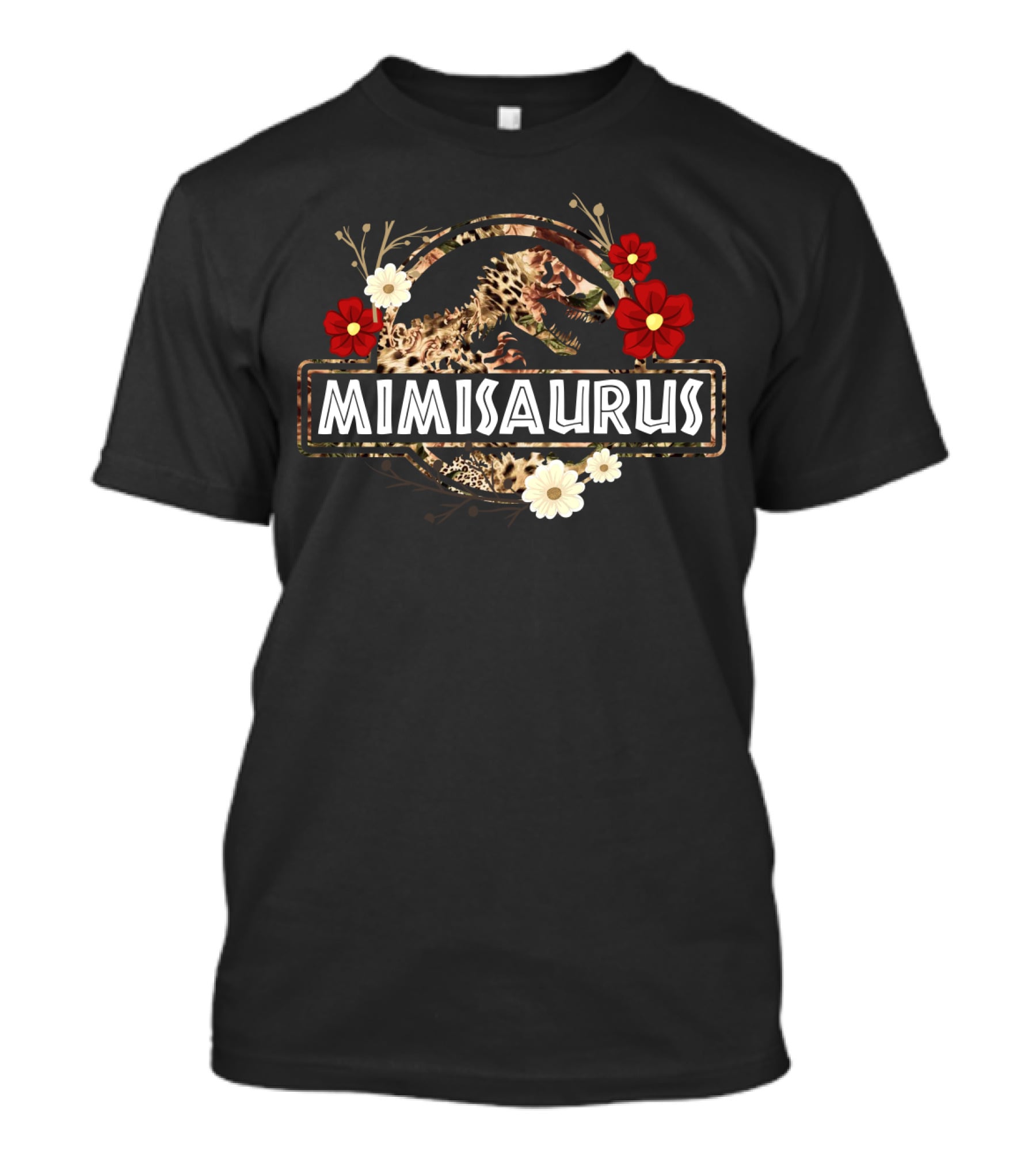 Mimisaurus Dinosaur Floral Design With Red And White Flowers T-Shirt