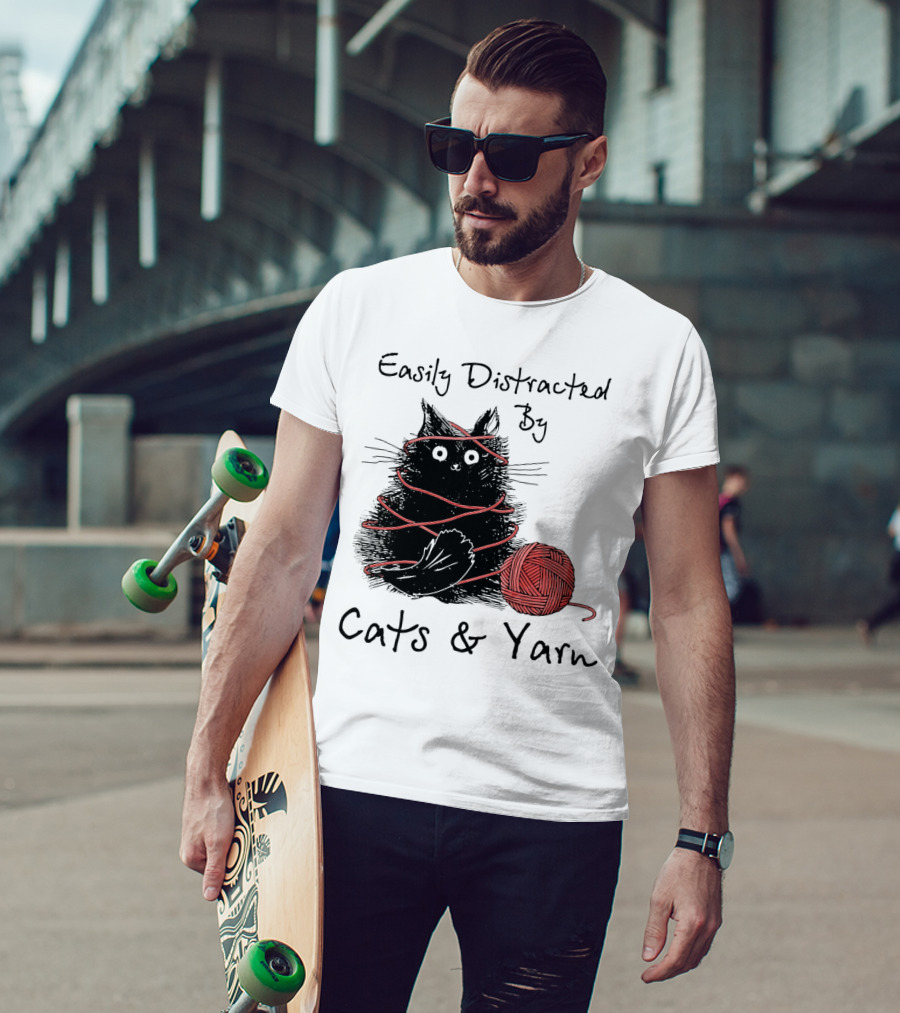 Easily Distracted By Cats And Yarn With Playful Cat Wrapped In Red Yarn T-Shirt