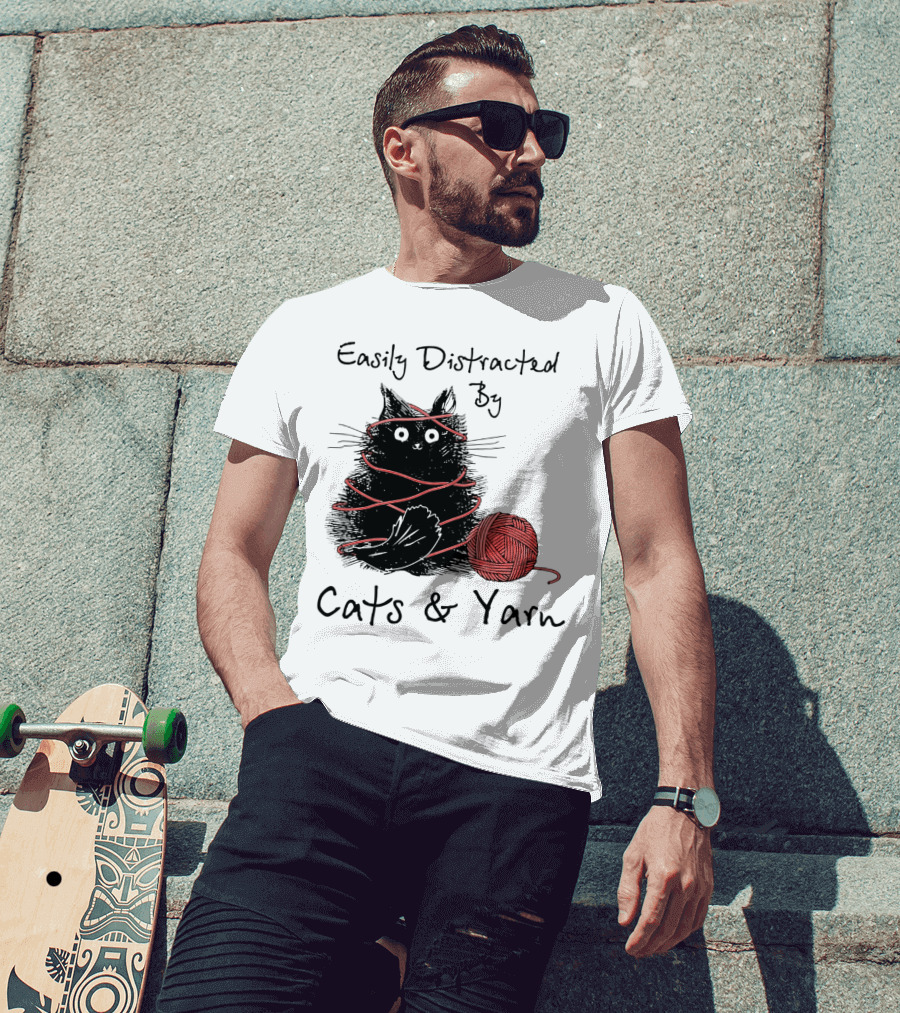 Easily Distracted By Cats And Yarn With Playful Cat Wrapped In Red Yarn T-Shirt