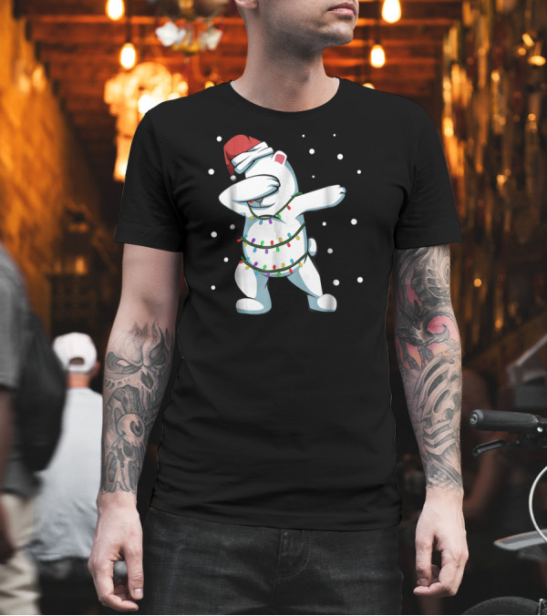 Dabbing Polar Bear with Christmas Lights and Red Santa Hat T-Shirt Dabbing Polar Bear with Christmas Lights and Red Santa Hat T-Shirt