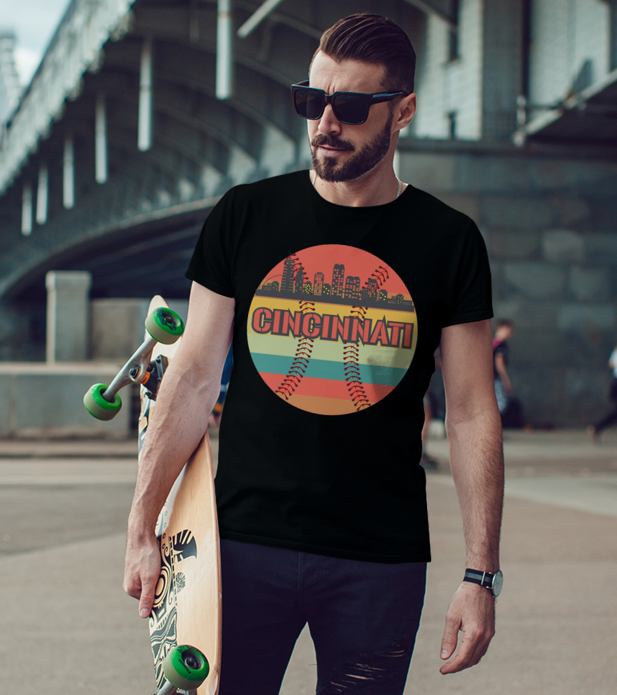 Cincinnati Skyline Vintage Baseball Cityscape Retro Stripes T-Shirt