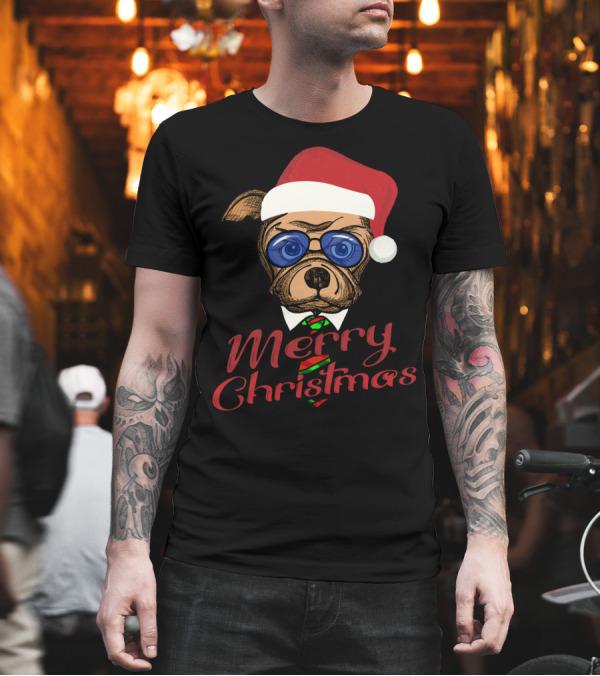 Merry Christmas Santa Dog with Sunglasses and Red Santa Hat T-Shirt Merry Christmas Santa Dog with Sunglasses and Red Santa Hat T-Shirt