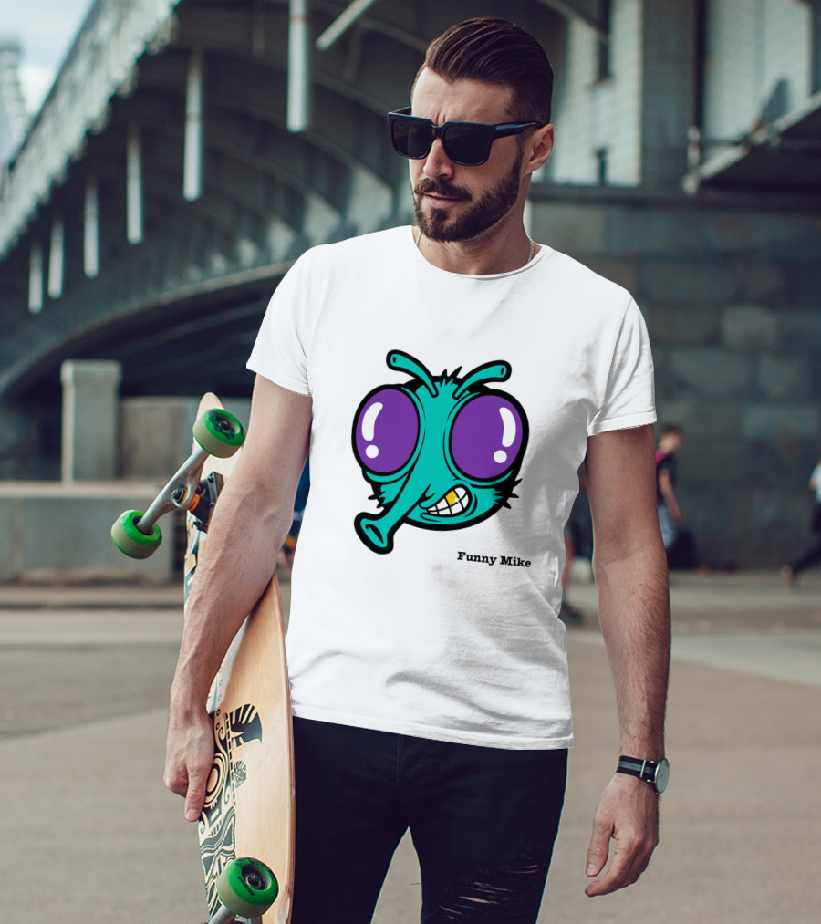Funny Mike Alien Cartoon Face With Large Purple Eyes And Grinning Expression T-Shirt