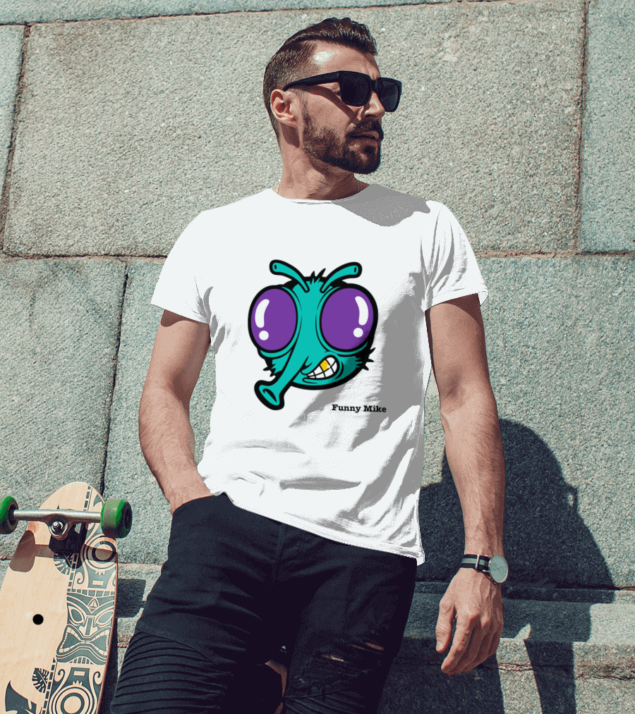 Funny Mike Alien Cartoon Face With Large Purple Eyes And Grinning Expression T-Shirt