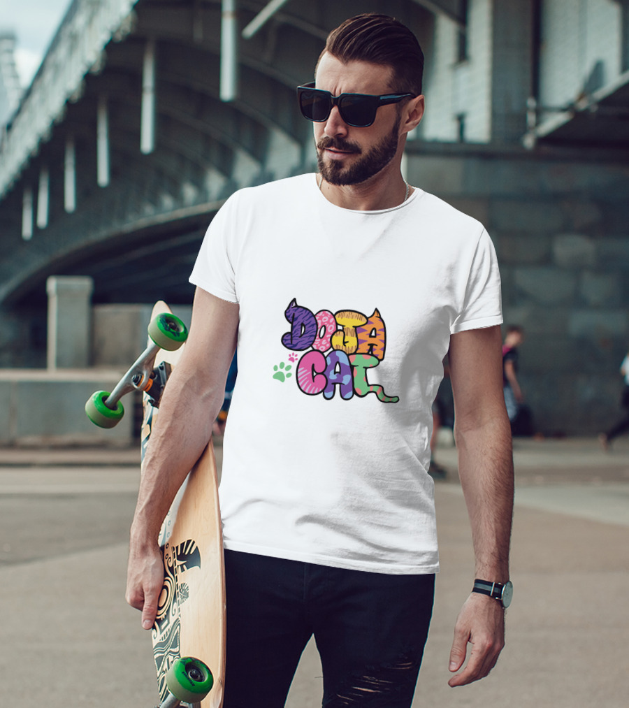 Doja Cat Colorful Patterned Text With Cat Ears And Paw Prints T-Shirt