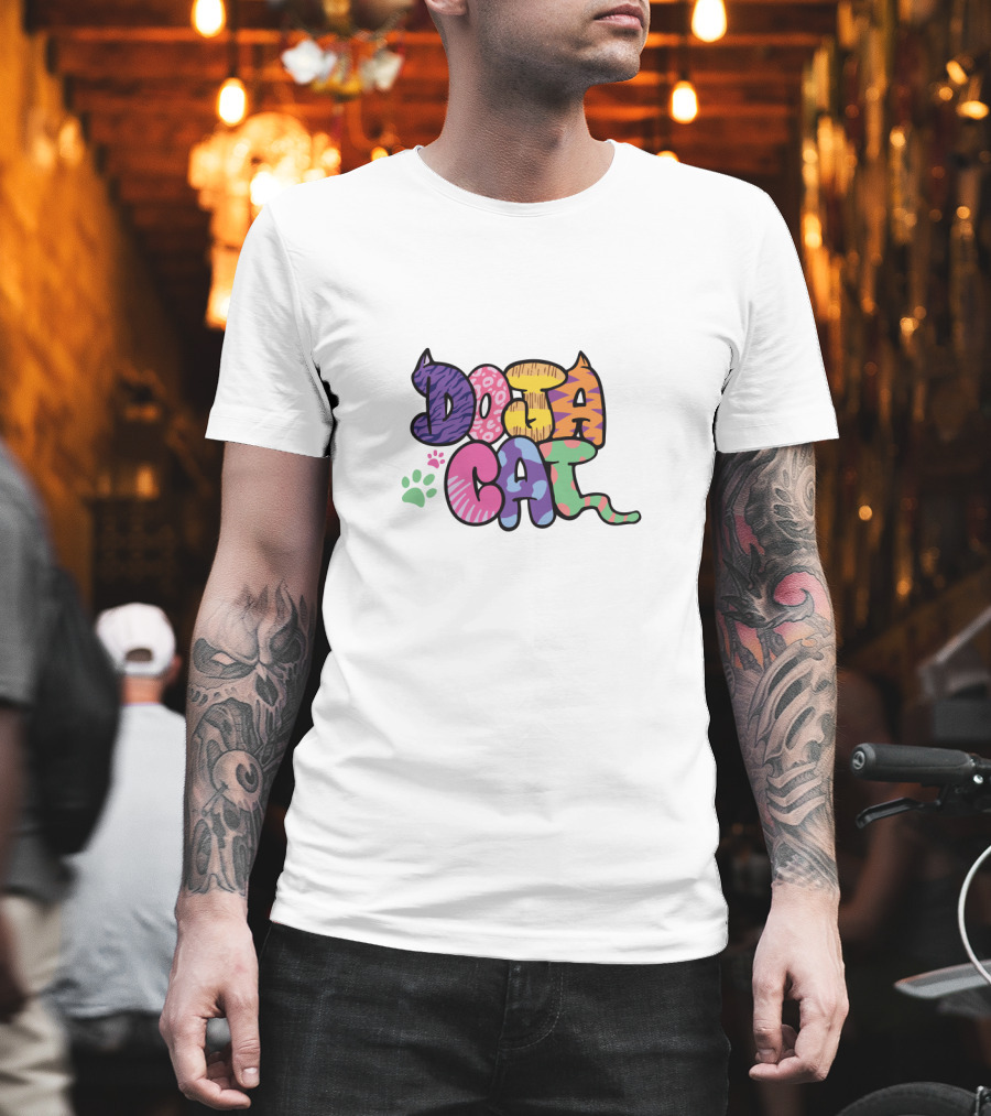Doja Cat Colorful Patterned Text With Cat Ears And Paw Prints T-Shirt