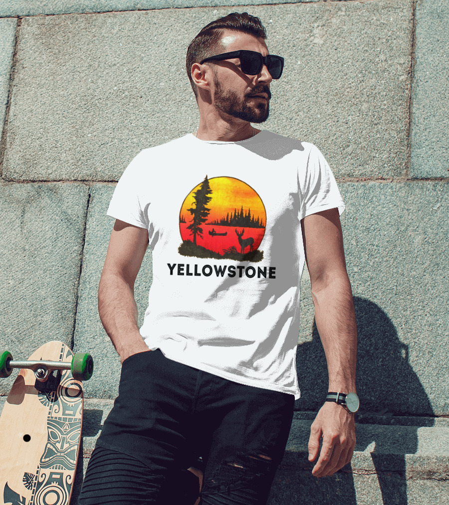 Yellowstone Sunset Scene With Canoe And Deer T-Shirt