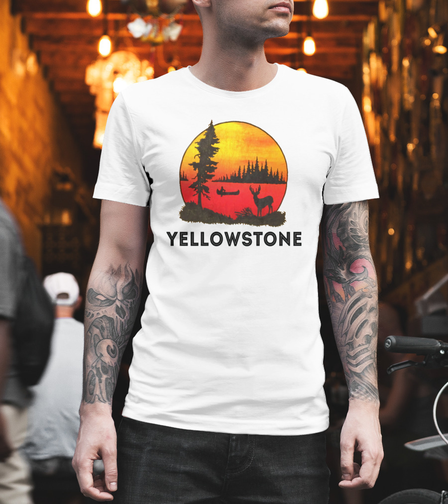 Yellowstone Sunset Scene with Canoe and Deer T-Shirt