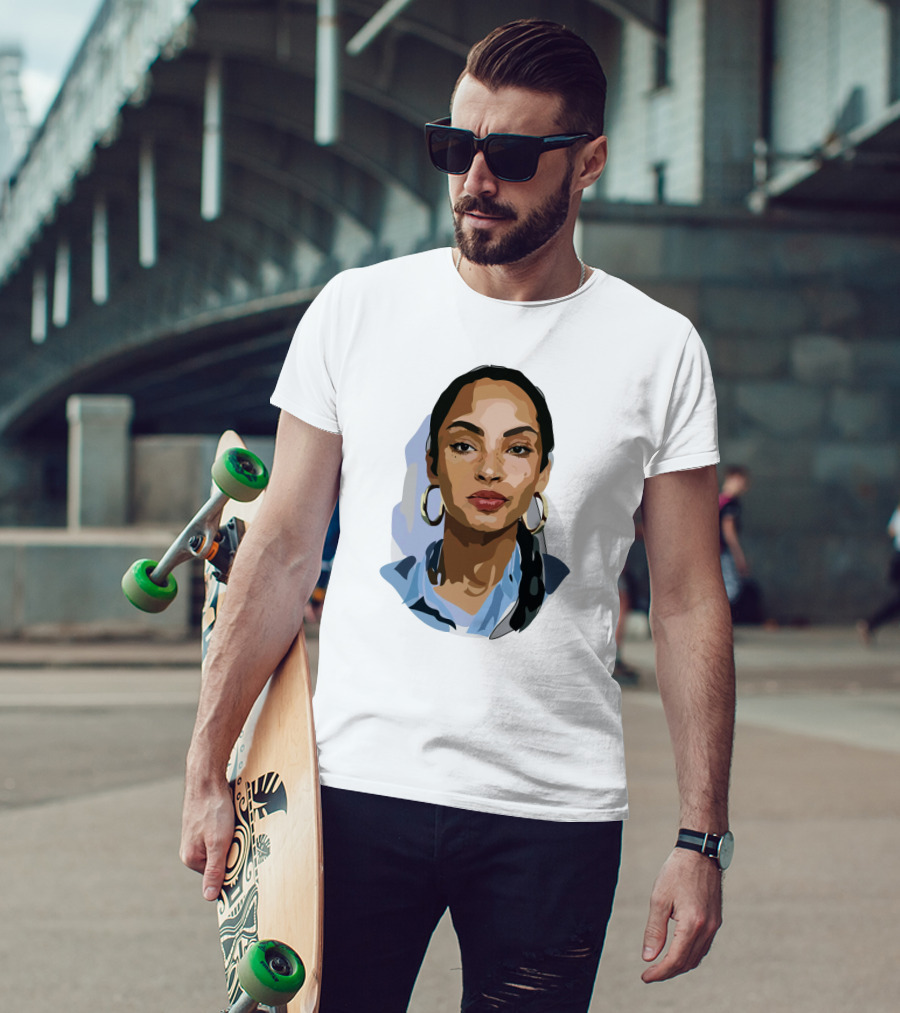 Sade Adu Portrait With Blue Shirt And Hoop Earrings T-Shirt