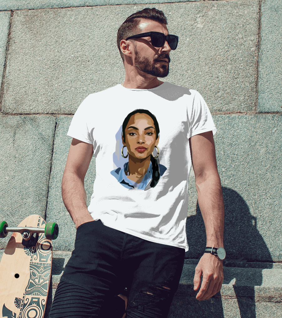 Sade Adu Portrait With Blue Shirt And Hoop Earrings T-Shirt