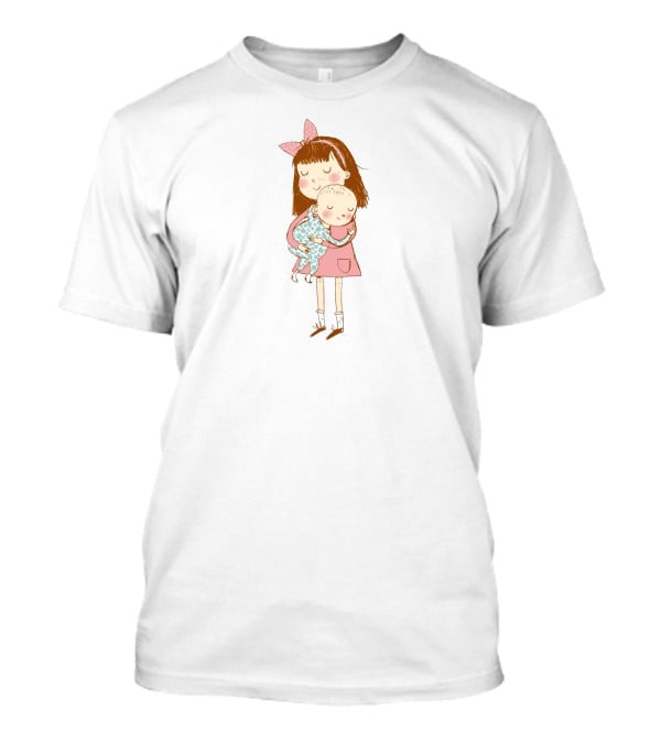 Big Sister Embracing Baby With Pink Bow Matching T-Shirt
