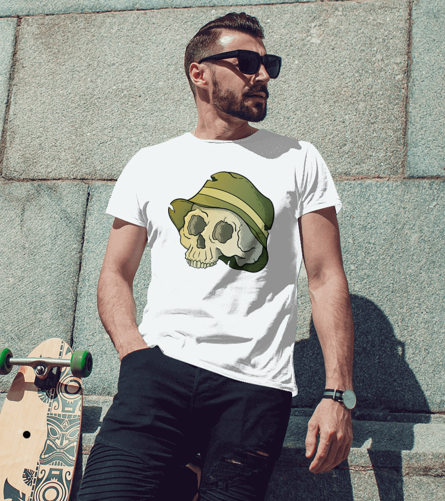 Skull Wearing A Green Bucket Hat T-Shirt