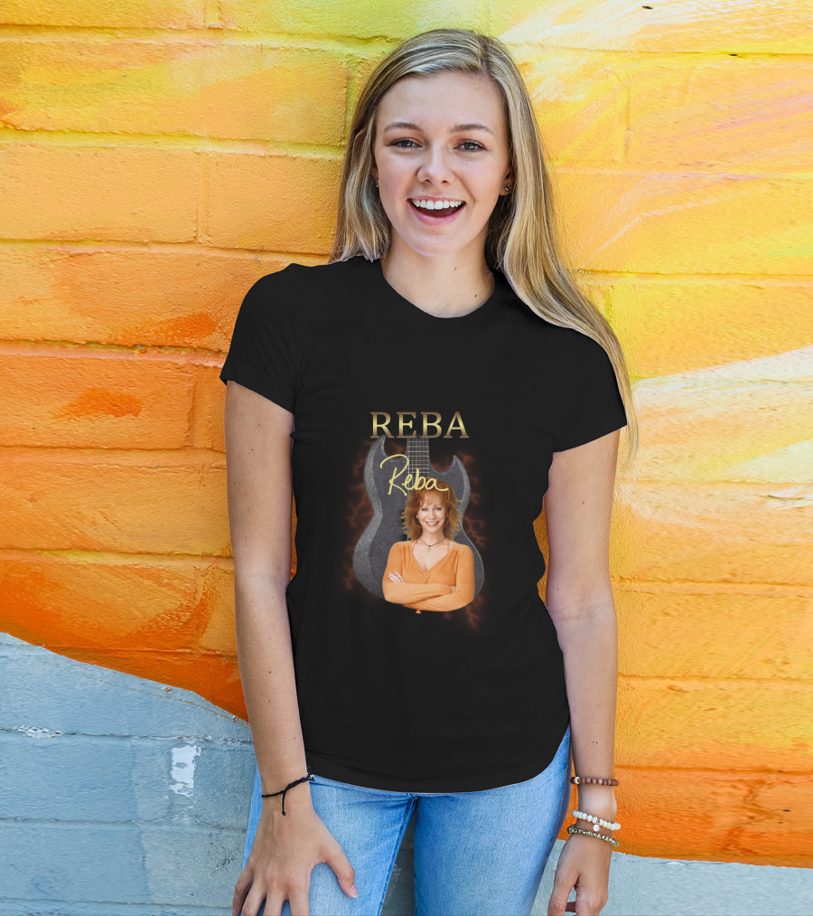 REBA Signature Guitar With Portrait On Black Electric Background T-Shirt