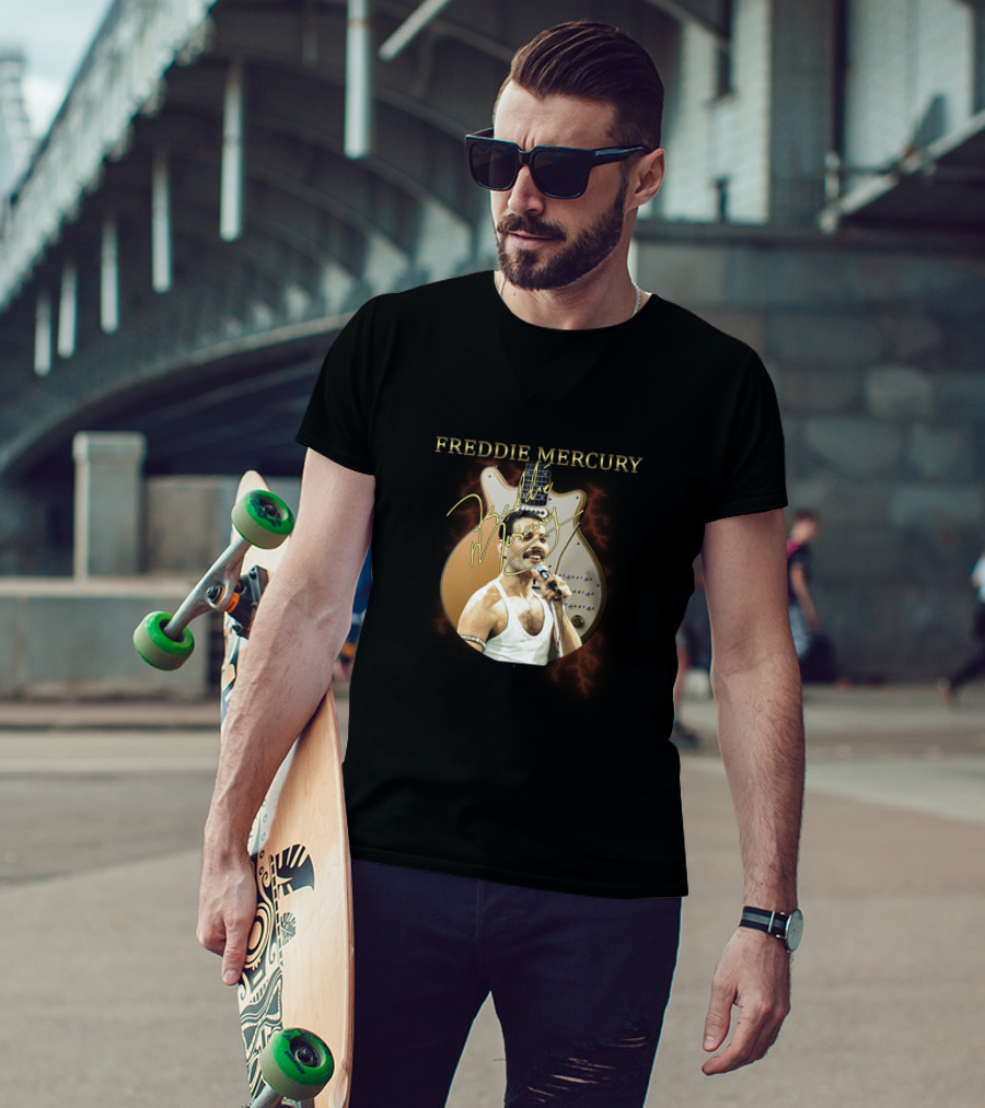 FREDDIE MERCURY Signature With Guitar And Microphone T-Shirt