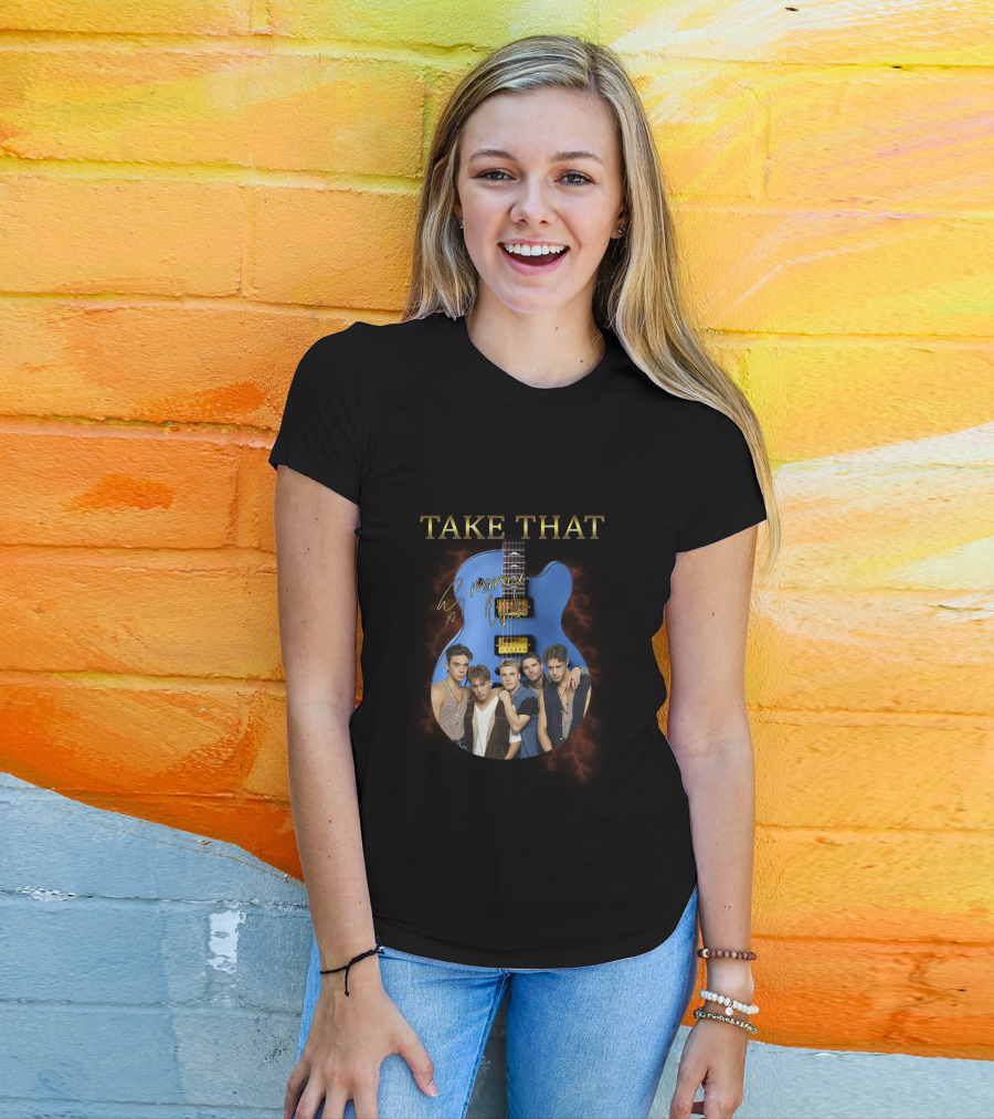 Take That Group Photo With Blue Guitar And Signatures T-Shirt