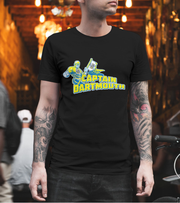 Captain Dartmouth Superhero Figure with Dartmouth Flag and Bold Yellow Blue Text T-Shirt Captain Dartmouth Superhero Figure with Dartmouth Flag and Bold Yellow Blue Text T-Shirt