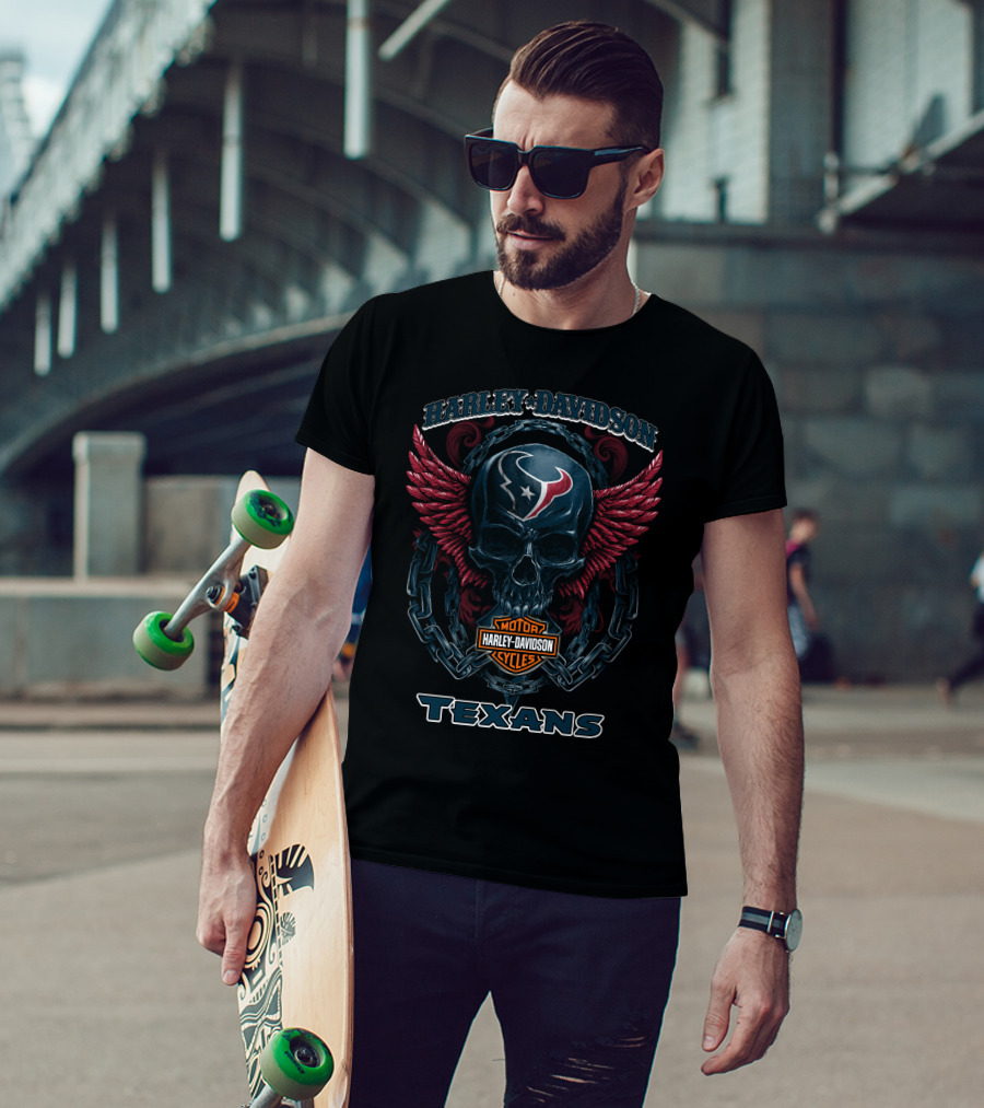 Harley Davidson Motor Cycles Texans Houston Logo Skull With Red Wings T-Shirt