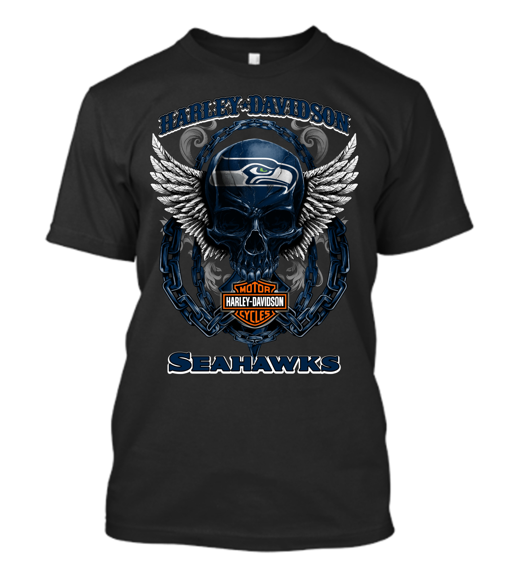 Harley Davidson Motorcycles Seattle Seahawks Skull Wings T-Shirt