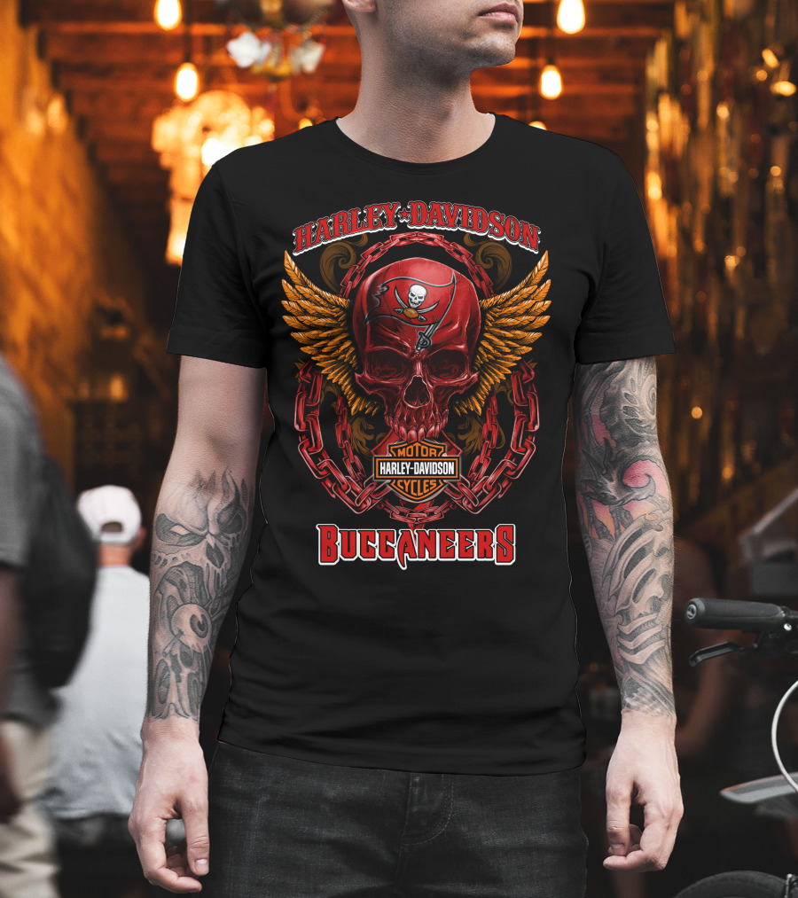 Harley Davidson Motorcycles Buccaneers Skull Logo Wings Chains T-Shirt