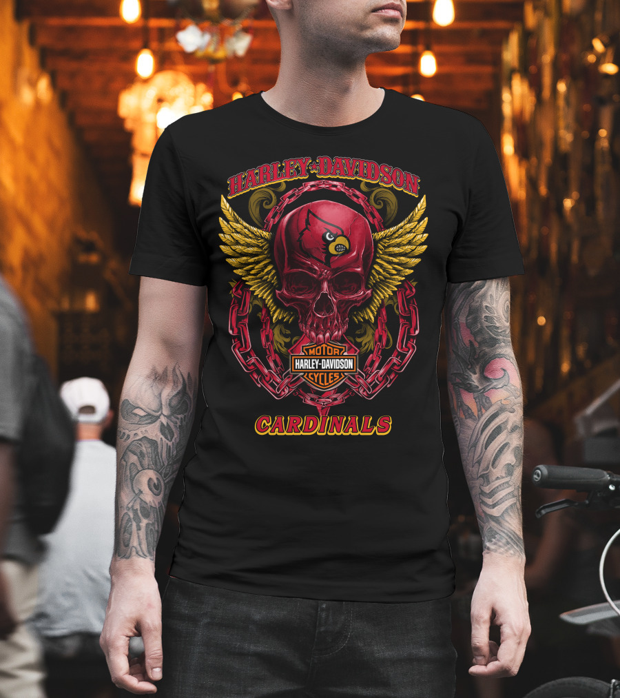 Harley Davidson Motor Cycles Cardinals Skull With Wings And Chains T-Shirt