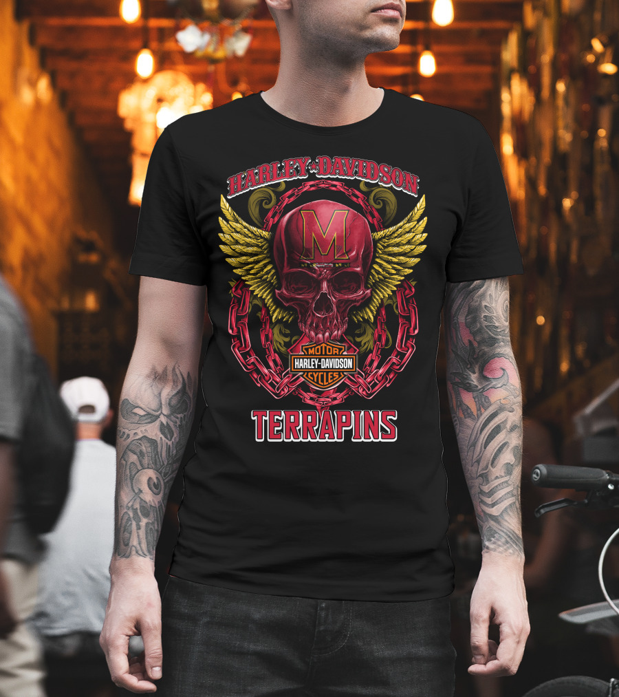 Harley Davidson Motorcycles Maryland Terrapins Skull Wings Chains T-Shirt