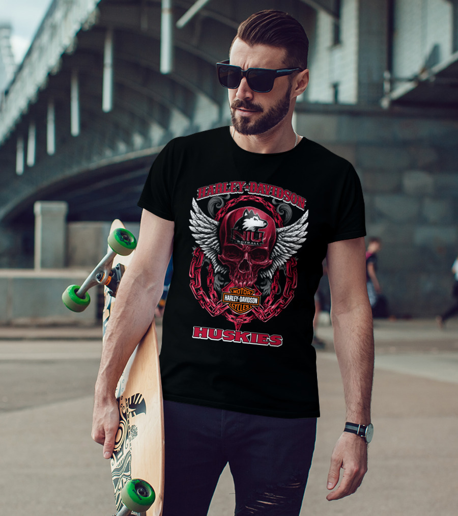 Harley Davidson Motorcycles Niu Football Huskies Skull T-Shirt