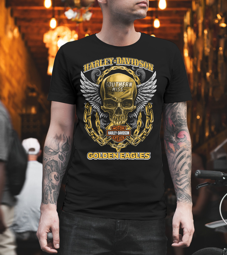 Harley Davidson Southern Miss Golden Eagles Motor Cycles Skull Wings Chains T-Shirt